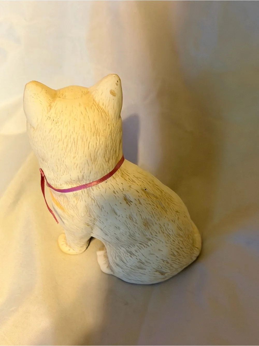 Vintage White Cat Figurine Pink Ribbon Big Eyes Cottagecore Kitty Decor